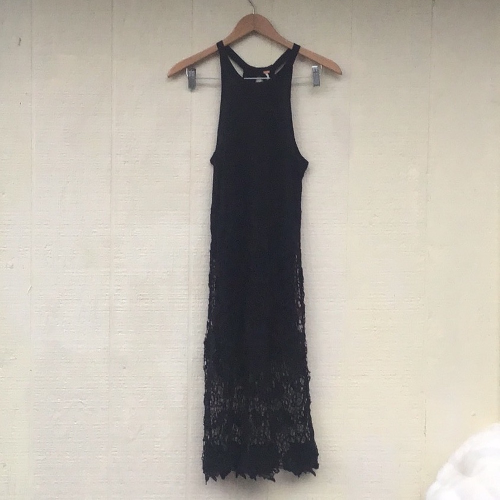 Free People Nora Lace overlay crochet knit black midi racerback sleeveless Dress